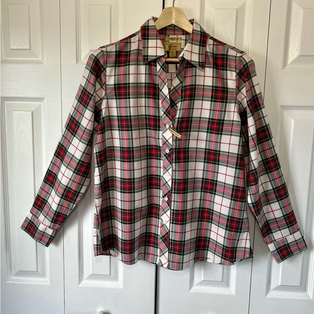 🎄NEW Investments plaid  V-neck button down collared cotton shirt Sz 14